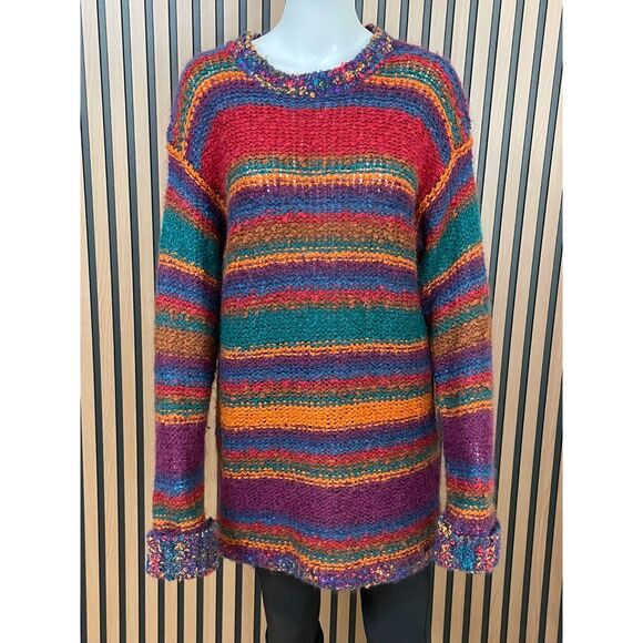 Additions Chu Women's Sweater Red M Wool Pullover Chunky Artsy Rainbow Striped - Picture 1 of 8